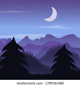Forest and mountain night landscape, silhouettes of fir trees. Vector illustration EPS 10. For registration of articles, for printing on t-shirts, bags, cases. For posters and wallpapers. Flat style