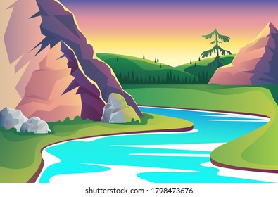 Forest mountain and river landscape tourism concept. Vector flat graphic design illustration