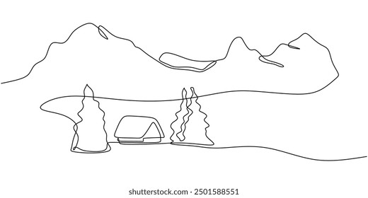 Forest, mountain and river one line art drawing. Continuous single hand drawn of nature landscape. Panorama landscape of nature art.