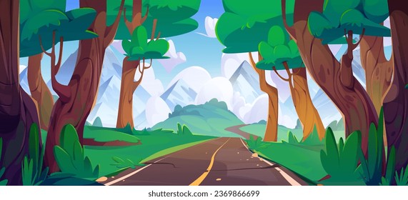 Waldbergstraße mit Baumlandschaft Vektor. Grüne Sommerwelt und blauer Himmelskartoon schöne Illustration. Sonniges Abenteuer Highway Szene zu reisen in Alpen Umgebung. Panoramatal-Grafik