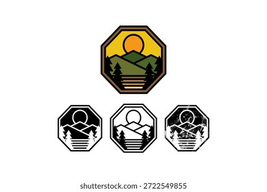 Cenário de montanha de floresta com árvores, sol nascente e colinas em camadas patch design vetor ilustração conjunto com colorido, preenchido e estilo de arte de linha para aventura e mercadorias ao ar livre.