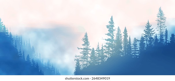 Taiga de floresta e montanha em nevoeiro matinal, vista panorâmica, ilustração vetorial