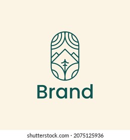 forest with mountain and tree line logo design vector.