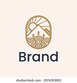 forest with mountain and tree line logo design vector.