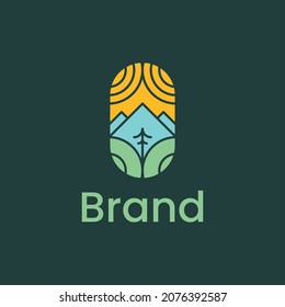 forest with mountain and tree logo design vector.