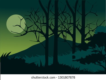 forest with the mountain and trees in the night for vector illustration and background - Shutterstock ID 1301807878