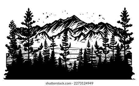 Forest and mountain vector black line illustration isolated white. Sketch art