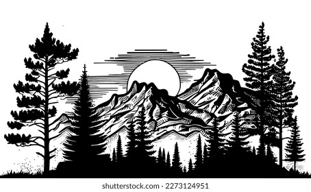 Forest and mountain vector black line illustration isolated white. Sketch art