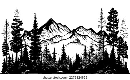 Forest and mountain vector black line illustration isolated white. Sketch art