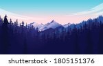 Forest and mountain vector illustration. Adventurous nature landscape scene with clouds, mountain and trees. Great for background and wallpaper.
