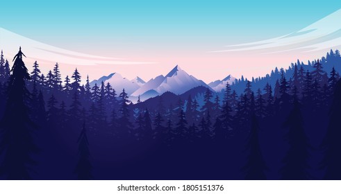 Forest and mountain vector illustration. Adventurous nature landscape scene with clouds, mountain and trees. Great for background and wallpaper.