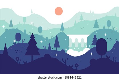 Forest and mountain with waterfall Landscape. Vector Illustration