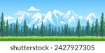 Forest and mountains. Beautiful panoramic landscape of a forest with pine trees, green grass against the backdrop of high mountains with snow-capped peaks and a blue sky with clouds.