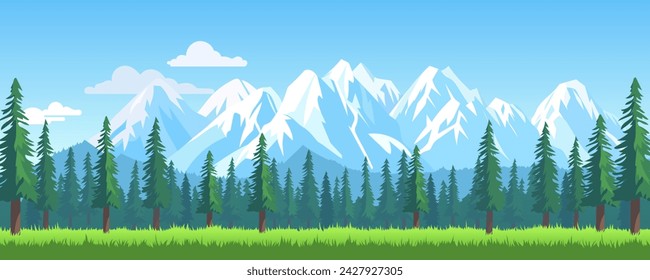 Forest and mountains. Beautiful panoramic landscape of a forest with pine trees, green grass against the backdrop of high mountains with snow-capped peaks and a blue sky with clouds.