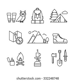 Forest and mountains hiking thin line art icons set. Modern black symbols isolated on white for infographics or web use.