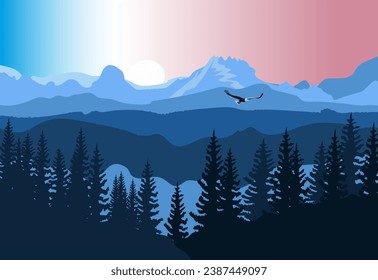 Forest and mountains illustration. Calm mountain forest, bird, wild nature scene landscape. View of blue mountains.Vector illustration.