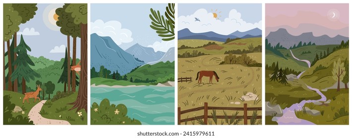 Waldberge See Steppe Feld Fluss Hügel Poster, flache Cartoon Vektorgrafik. Wald mit wilden Tieren, Hirsch und Pferd auf dem Feld, Weg und hohe Hügel, Himmel, Sonne und Mond