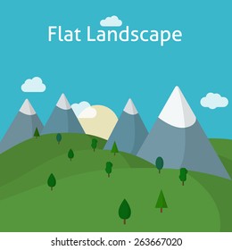 Forest and mountains landscape. Flat style vector background.