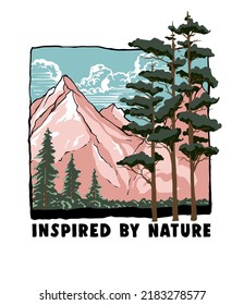 forest and mountains landscape illustration with slogan