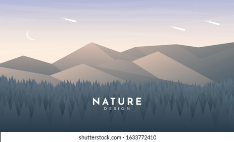 Forest and mountains landscape. Layered style. Evening sunset. Website or game template. Woods and hills. Trees near rocks. Clean sky. Polygonal minimalist design. Triangle shapes. Travel concept