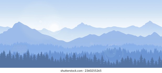 Bosques y paisajes montañosos. Siluetas de árboles en el fondo de colinas en niebla blanca. Hermoso panorama natural en otoño e invierno, vida silvestre. Dibujo vectorial plano de dibujos animados