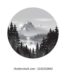 Forest and mountains logo design template, nature landscape with silhouettes of trees, river, fishing boat, and mountains, natural scene icon in circle frame, vector illustration in grayscale.