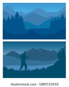 forest and mountains with man walking abstract landscapes scenes vector illustration design