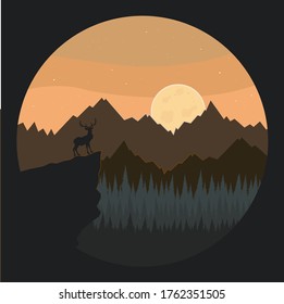 Forest And Mountains. Moon And Sky Night Forest. Deer And Moon.