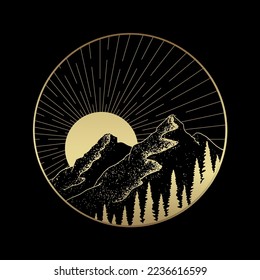 Forest and mountains at night moonlit in hand drawn