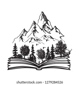 Forest and mountains on pages of opened book. Black and White Hand Drawn Sketch. Vector illustration. International Education Day. World book day,23th April