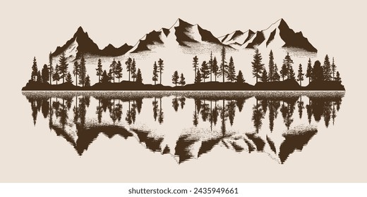 Bosque y montañas se reflejan en el lago, dibujo vectorial, imitación de un dibujo a lápiz	