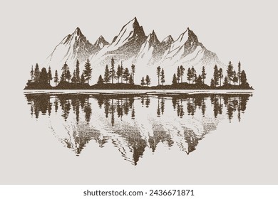 Forest and mountains are reflected in the lake, vector sketch, imitation of a pencil drawing