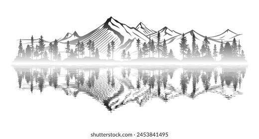 Bosque y montañas se reflejan en el lago, boceto de Vector, aislado sobre fondo blanco