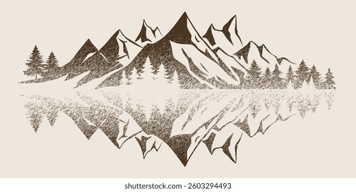 Forest and mountains are reflected in the lake, vector sketch, imitation of a pencil drawing