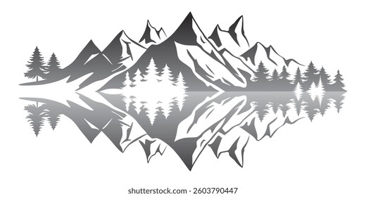 Forest and mountains are reflected in the lake, vector sketch, isolated on white background
