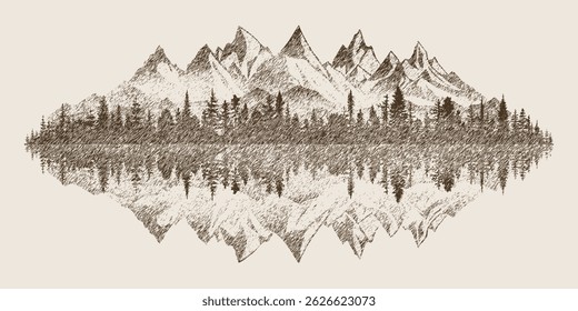 Forest and mountains are reflected in the lake, vector sketch, imitation of a pencil drawing