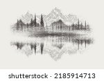 Forest and mountains are reflected in the lake, vignette. Vector sketch, imitation of a pencil drawing.