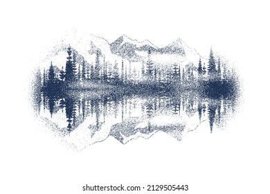 Forest and mountains are reflected in the lake, vignette. Vector sketch, imitation of a pencil drawing.