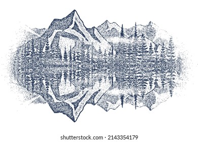 Forest and mountains are reflected in the lake, vignette. Vector sketch, imitation of a pencil drawing.