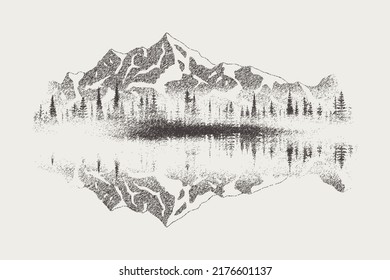 Forest and mountains are reflected in the lake, vignette. Vector sketch, imitation of a pencil drawing.