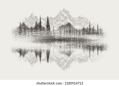 Forest And Mountains Are Reflected In The Lake, Vignette. Vector Sketch, Imitation Of A Pencil Drawing.