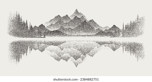 Forest and mountains are reflected in the lake, vignette. Vector sketch, imitation of a pencil drawing.