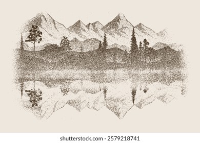 Forest and mountains are reflected in the lake, vignette, vector sketch, imitation of a pencil drawing