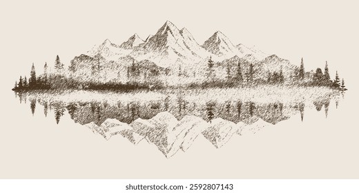 Forest and mountains are reflected in the lake, vignette, vector sketch, imitation of a pencil drawing