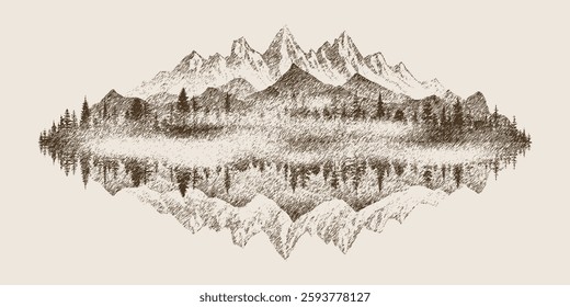 Forest and mountains are reflected in the lake, vignette, vector sketch, imitation of a pencil drawing