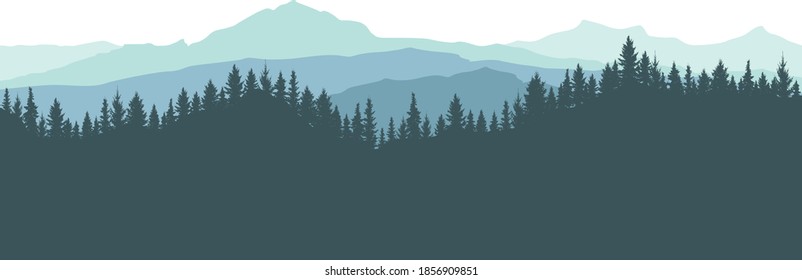 Forest and mountains, silhouette. Beautiful landscape, nature. Spruce trees are separated from each other. Vector illustration.