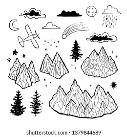 Forest and mountains sketch. Hand drawn vector background.