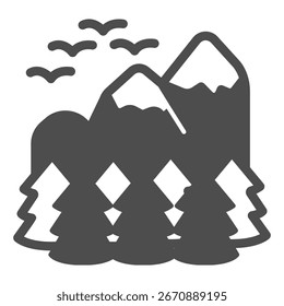 Forest and mountains with snow solid icon, traveler survey concept. Vector graphics. Mountain landscape, hiking sign on white background, glyph style icon for mobile or web design