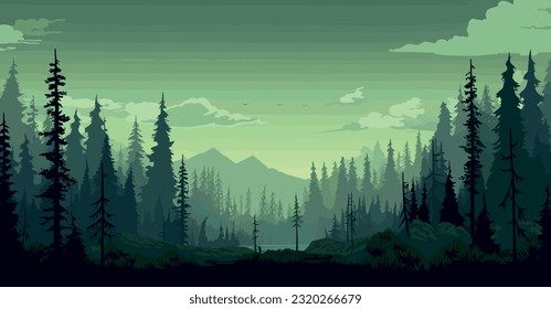 forest with mountains and trees, landscape vector illustration