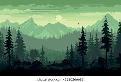 forest with mountains and trees, landscape vector illustration